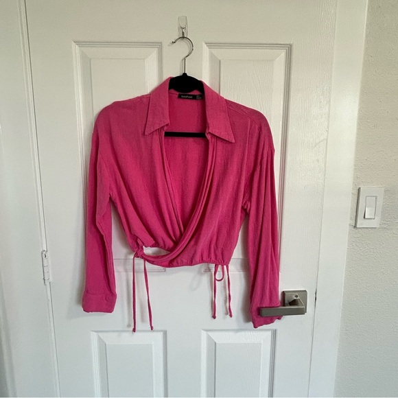 Boohoo Linen Cropped Tie Detail Wrap Shirt - Picture 4 of 6